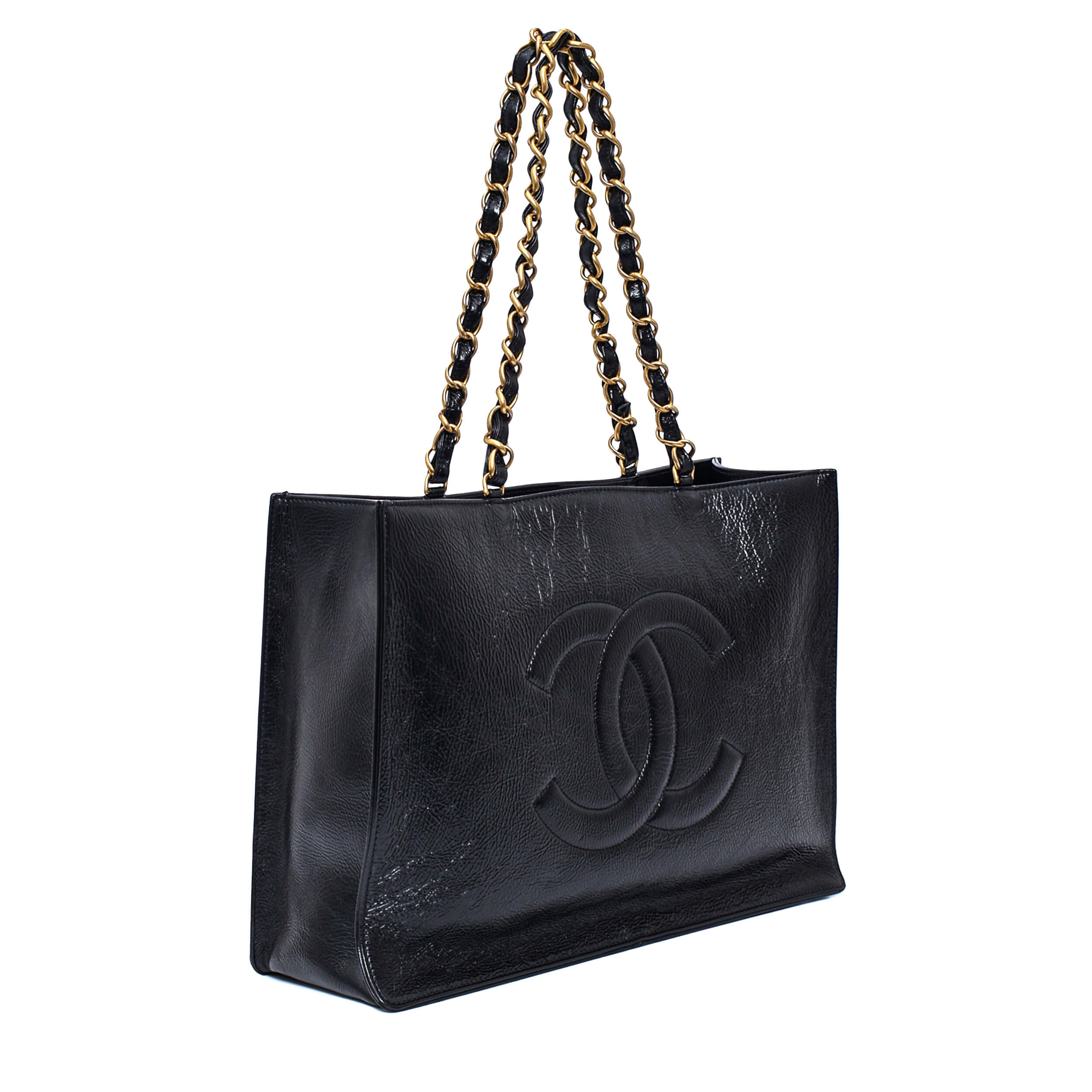 Chanel - Black Glazed Aged Calf Leather CC Tote Bag